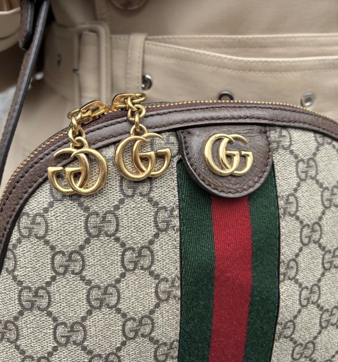 GUCCI GG Supreme Monogram Textured Dollar Calfskin Web Small Ophidia Dome Shoulder Bag Beige Ebony New Acero. - Image 12
