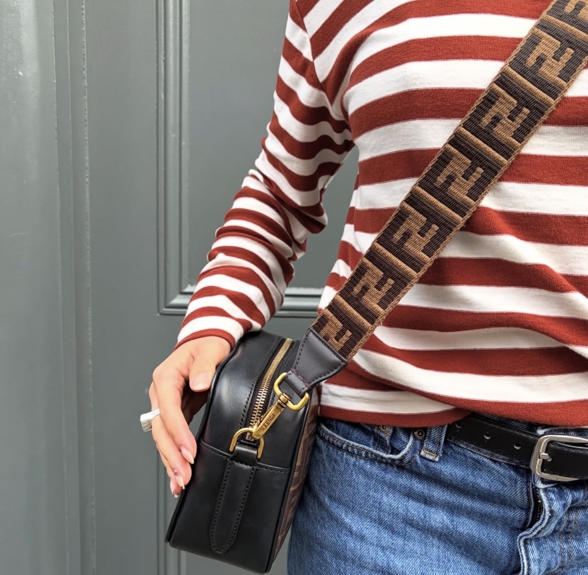 FENDI Glazed Fabric Vitello Century FF 1974 Stamp Patch Camera Case Mogano Panna Black - Image 12