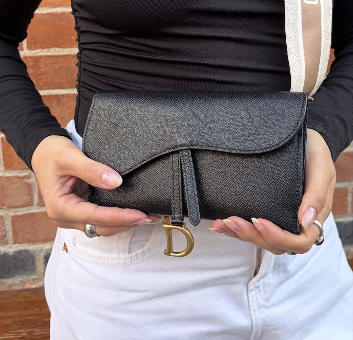 CHRISTIAN DIOR Grained Calfskin Saddle Wallet on Chain in Black - Image 11