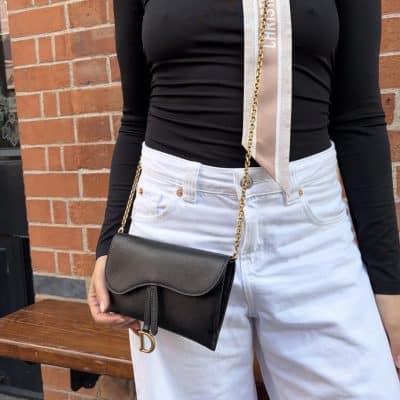 CHRISTIAN DIOR Grained Calfskin Saddle Wallet on Chain in Black