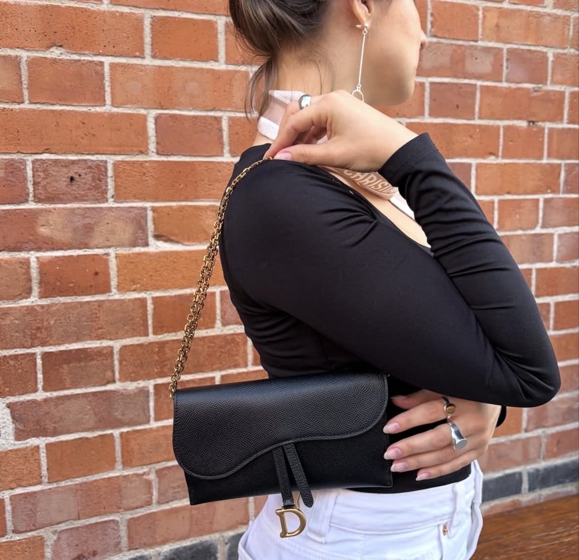 CHRISTIAN DIOR Grained Calfskin Saddle Wallet on Chain in Black - Image 12