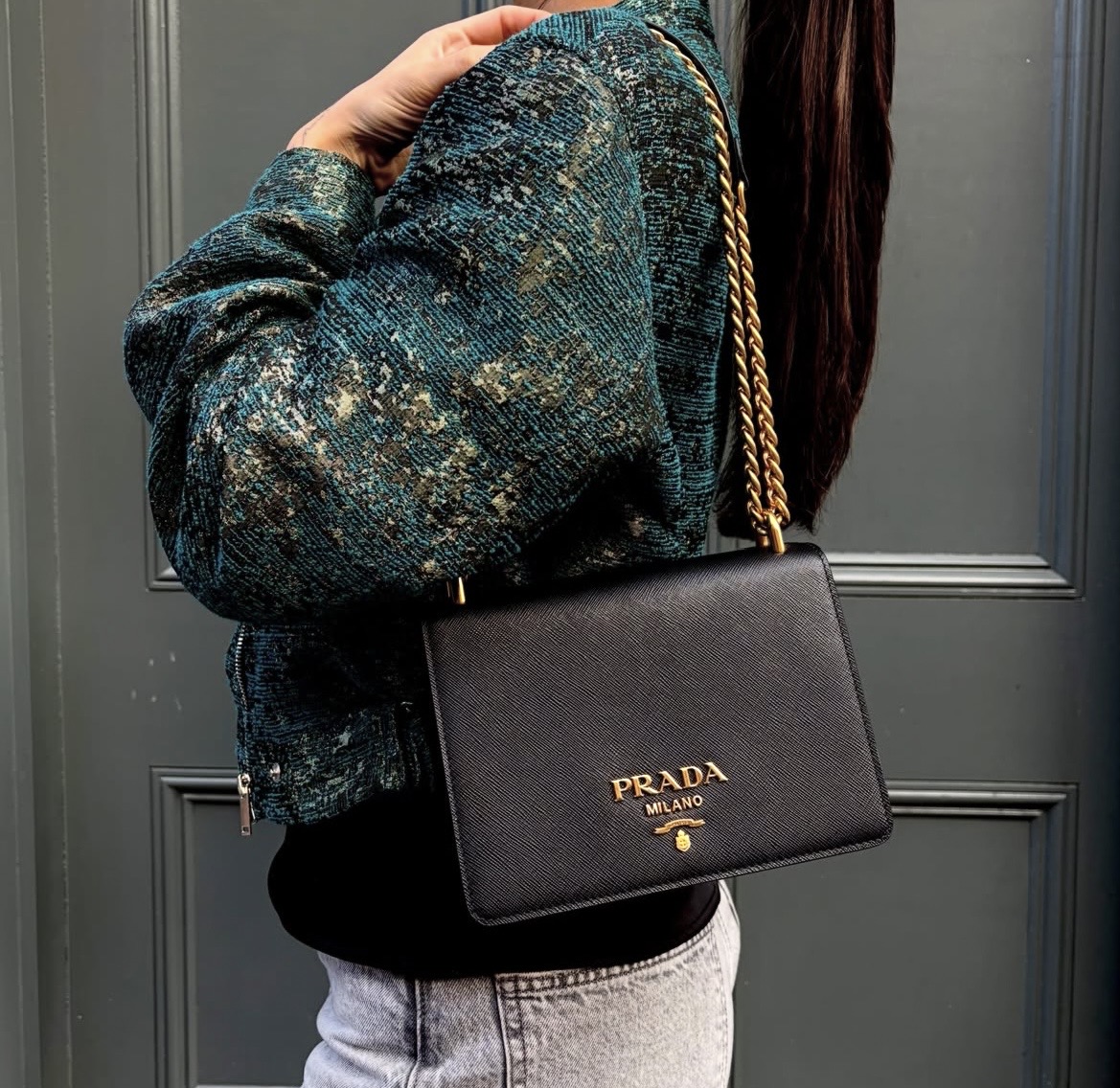 PRADA Saffiano Chain Shoulder Crossbody Bag in Black. - Image 6
