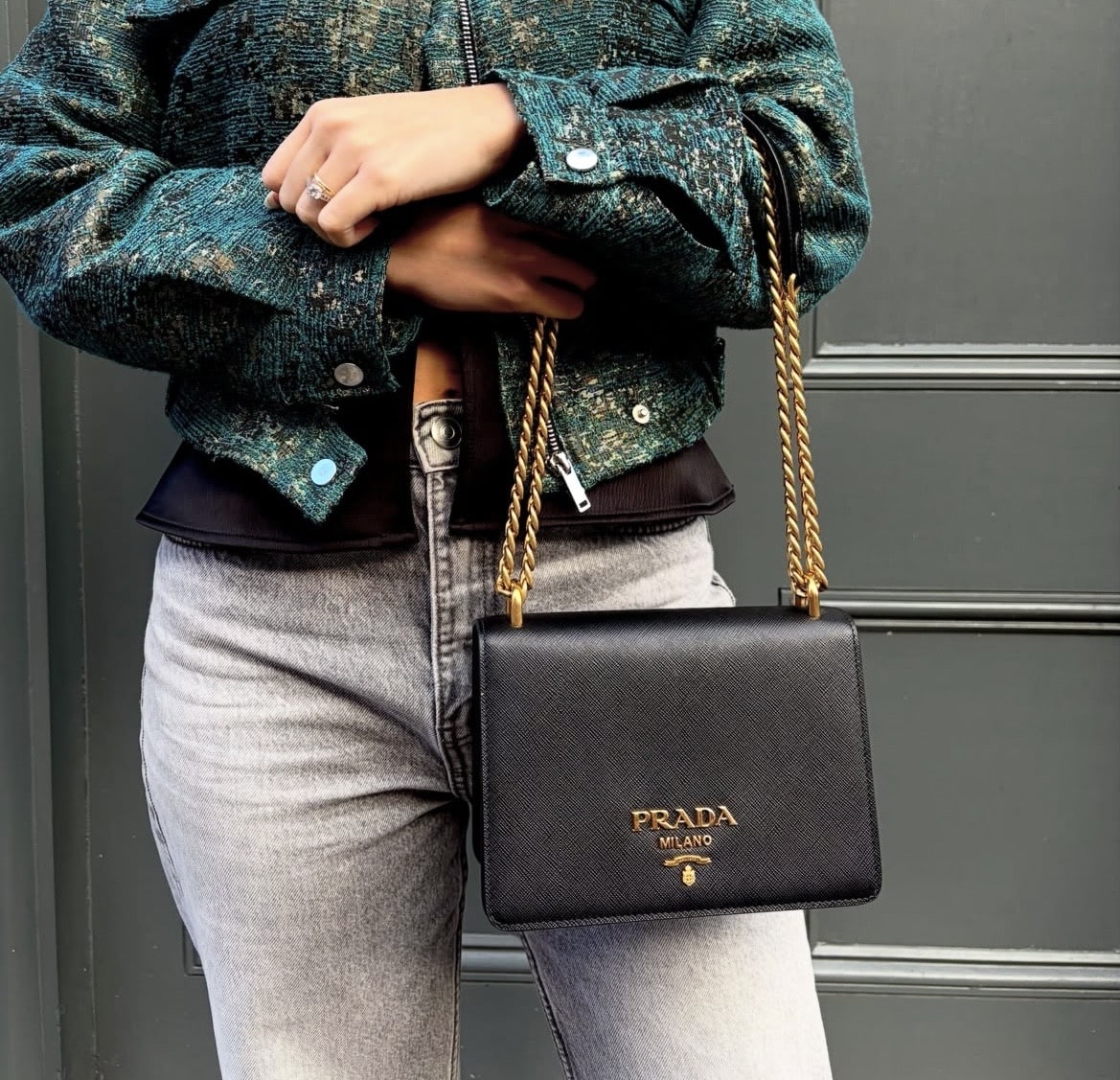 PRADA Saffiano Chain Shoulder Crossbody Bag in Black. - Image 7
