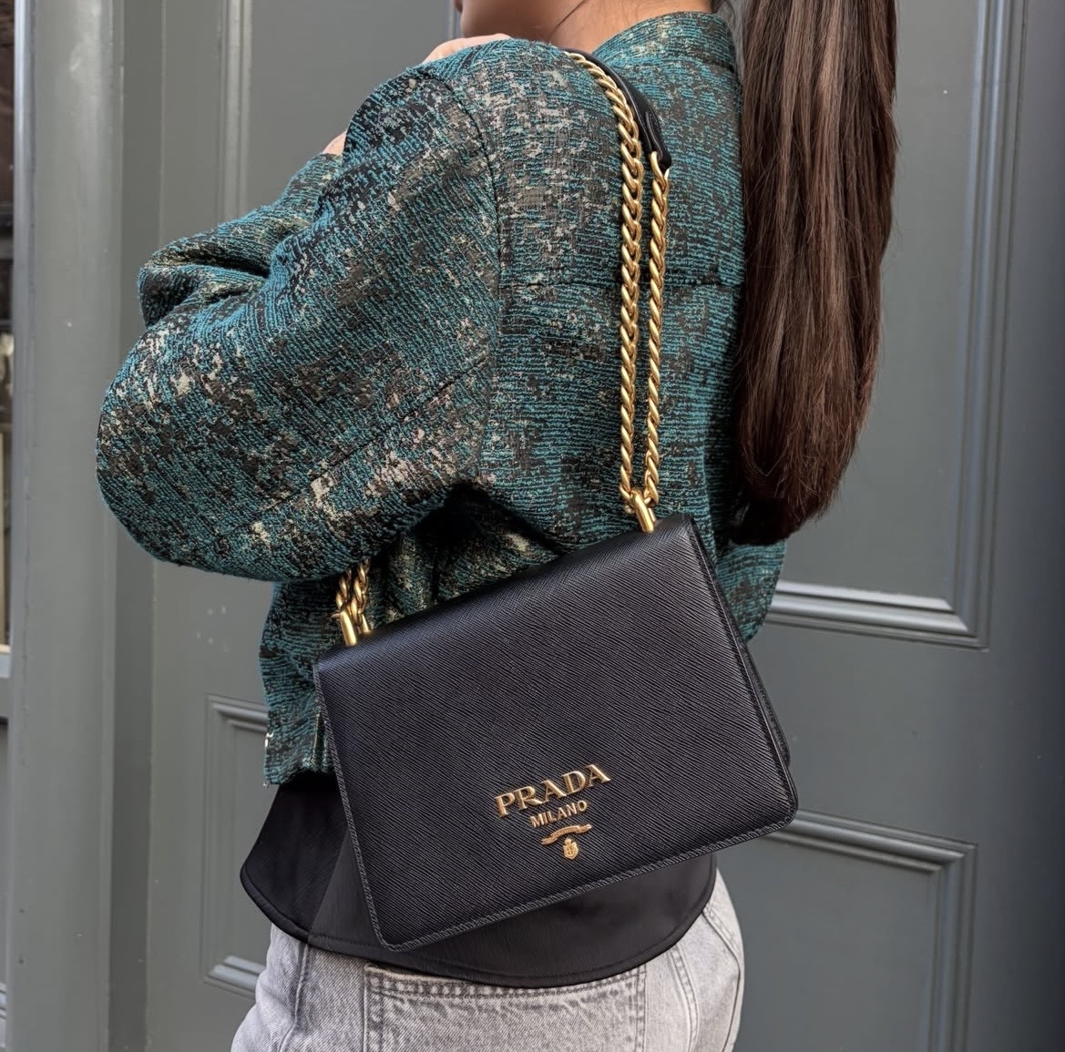 PRADA Saffiano Chain Shoulder Crossbody Bag in Black. - Image 8
