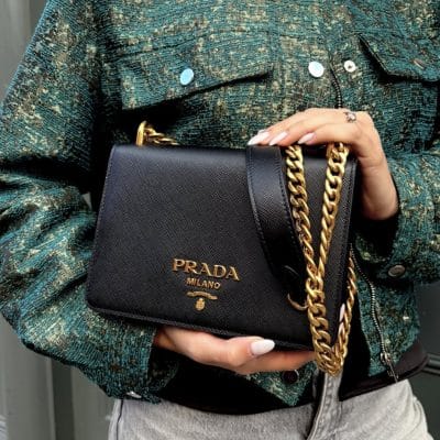 PRADA Saffiano Chain Shoulder Crossbody Bag in Black.