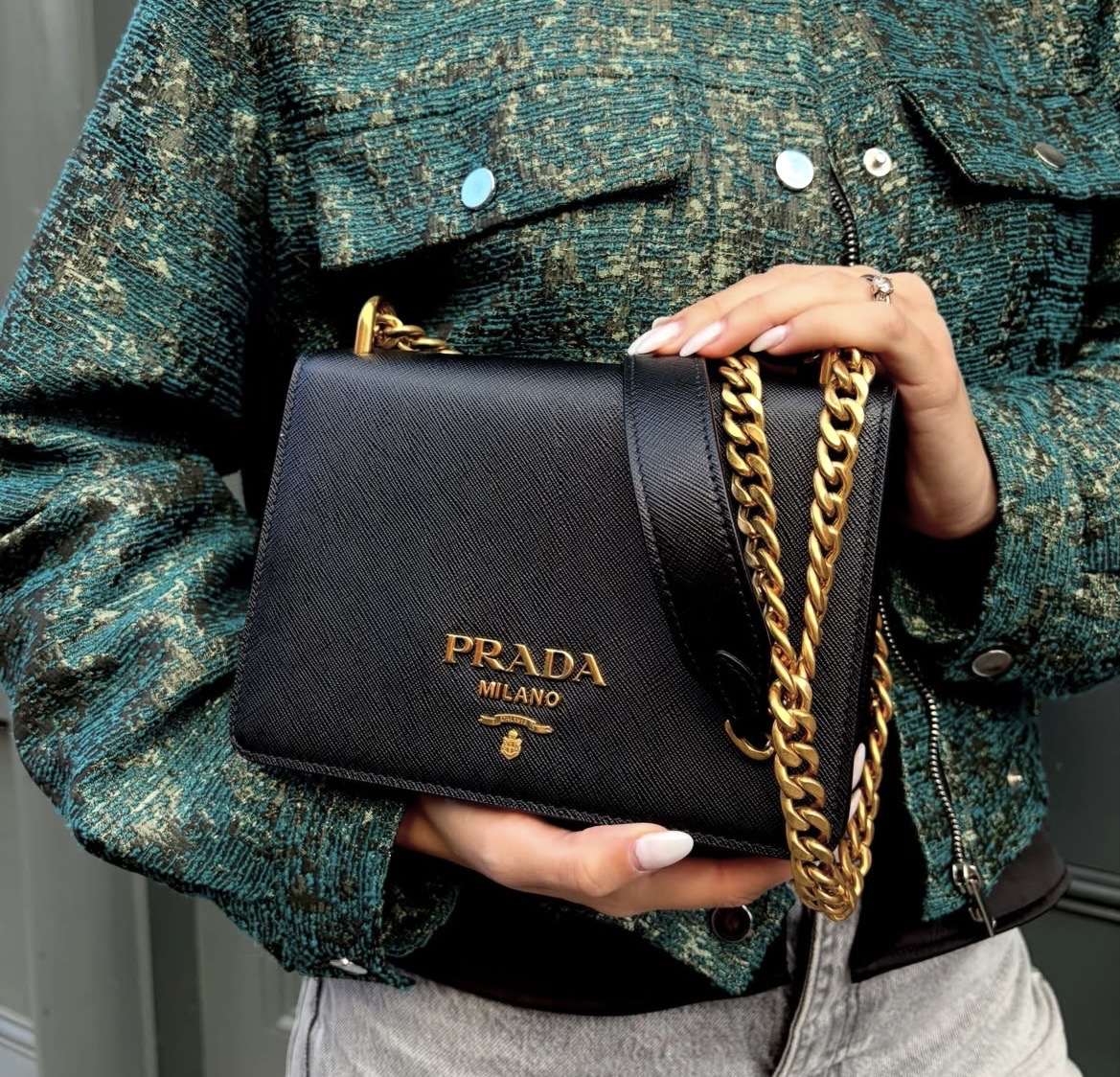 PRADA Saffiano Chain Shoulder Crossbody Bag in Black.