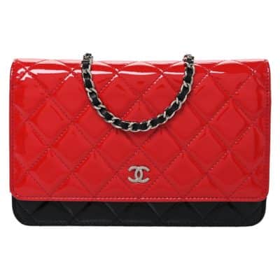 CHANEL Patent Quilted Bi-Colour Wallet On Chain WOC Red/ Black.