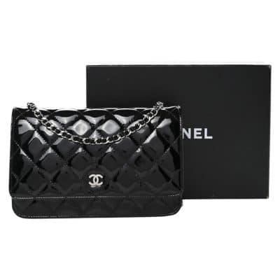 CHANEL Patent Quilted Wallet On Chain WOC Black.