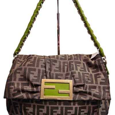 Fendi Tobacco Zucca Canvas and Patent Leather Mia Flap Shoulder Bag.