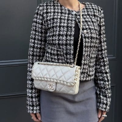 CHANEL Calfskin Quilted small Chain Me Flap in Pearly Beige.