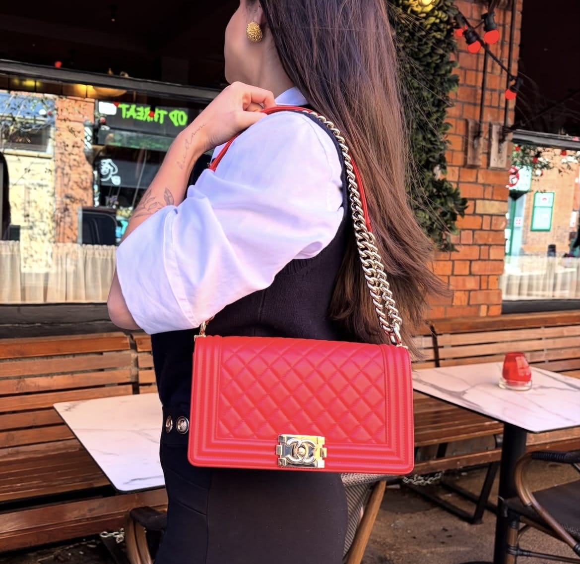 Chanel Tomato Red Lambskin Medium Boy Quilt Flap Light Gold Hardware. - Image 10