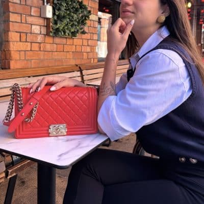 Chanel Tomato Red Lambskin Medium Boy Quilt Flap Light Gold Hardware.