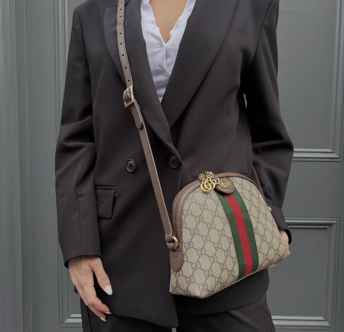GUCCI GG Supreme Monogram Textured Dollar Calfskin Web Small Ophidia Dome Shoulder Bag Beige Ebony New Acero. - Image 13