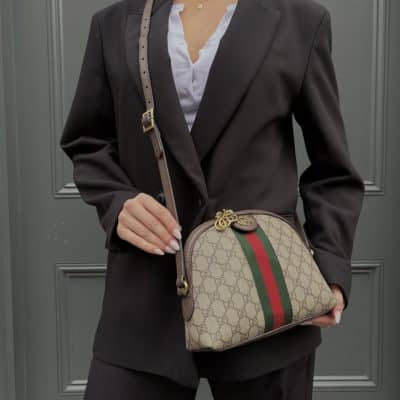 GUCCI GG Supreme Monogram Textured Dollar Calfskin Web Small Ophidia Dome Shoulder Bag Beige Ebony New Acero.