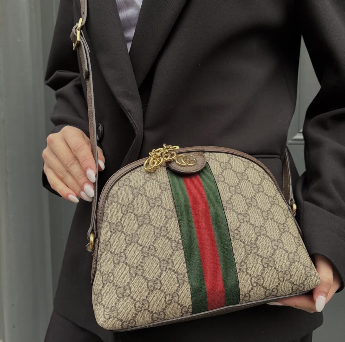 GUCCI GG Supreme Monogram Textured Dollar Calfskin Web Small Ophidia Dome Shoulder Bag Beige Ebony New Acero. - Image 14