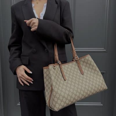 GUCCI GG Supreme Monogram Emblem Large Tote Bag Beige Dark Brown