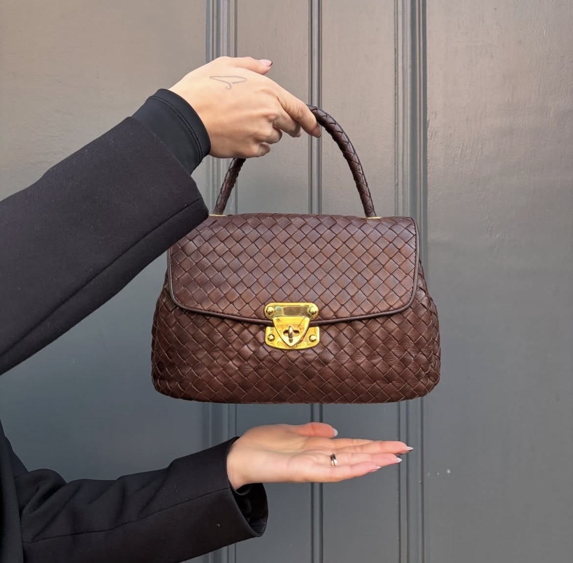 BOTTEGA VENETA Vintage Black Sheepskin Woven Handbag.
