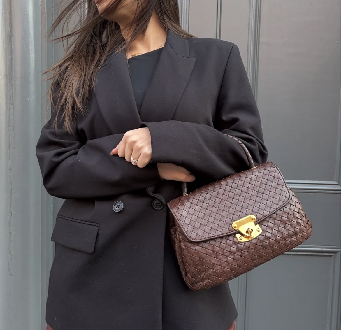 BOTTEGA VENETA Vintage Black Sheepskin Woven Handbag. - Image 13