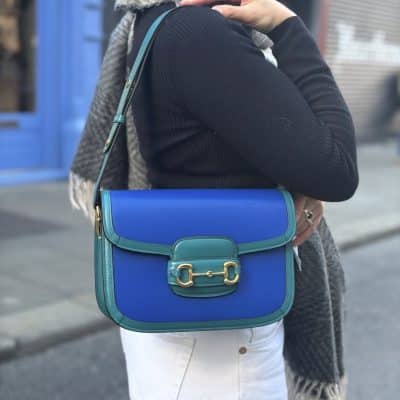 GUCCI Azalea Calfskin medium Horsebit 1955 Shoulder Bag Imperial Blue Pavone.