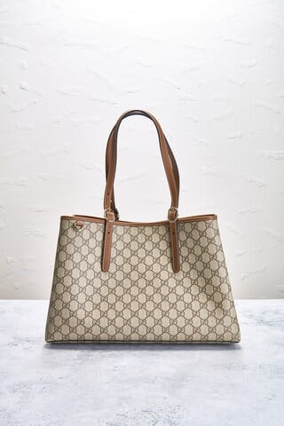GUCCI GG Supreme Monogram Emblem Large Tote Bag Beige Dark Brown - Image 4