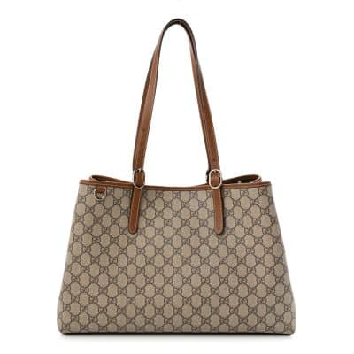 GUCCI GG Supreme Monogram Emblem Large Tote Bag Beige Dark Brown