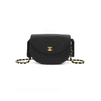 CHANEL Vintage Half Moon Chain Shoulder Bag Satin Black Gold CC 24k.