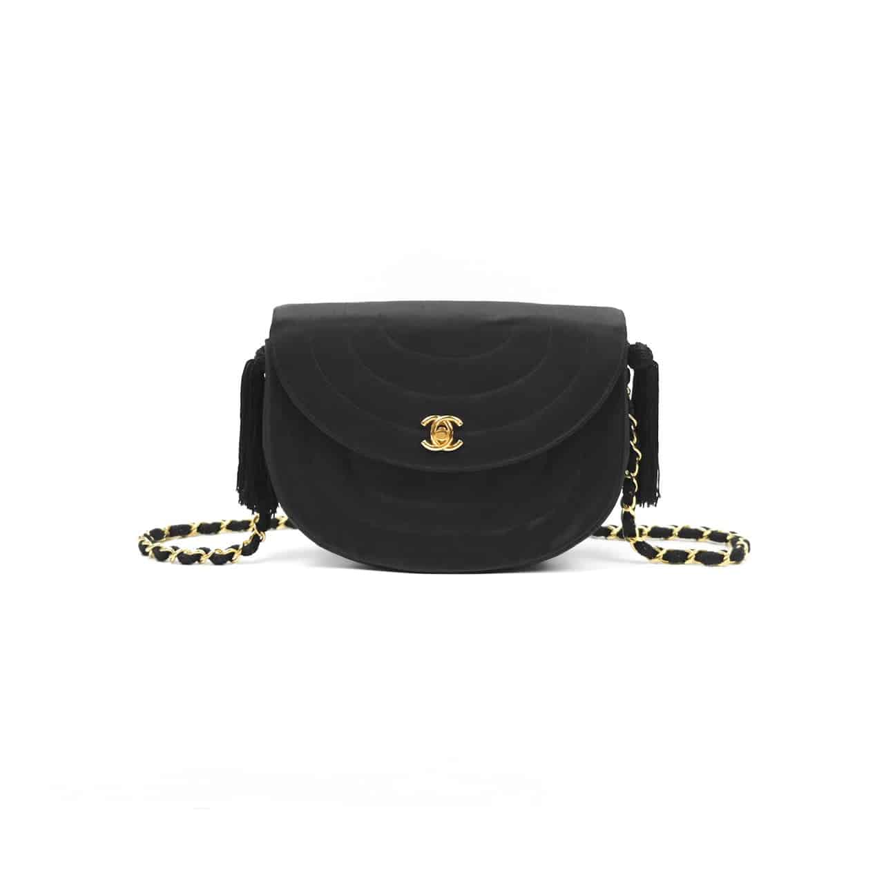 CHANEL Vintage Half Moon Chain Shoulder Bag Satin Black Gold CC 24k.
