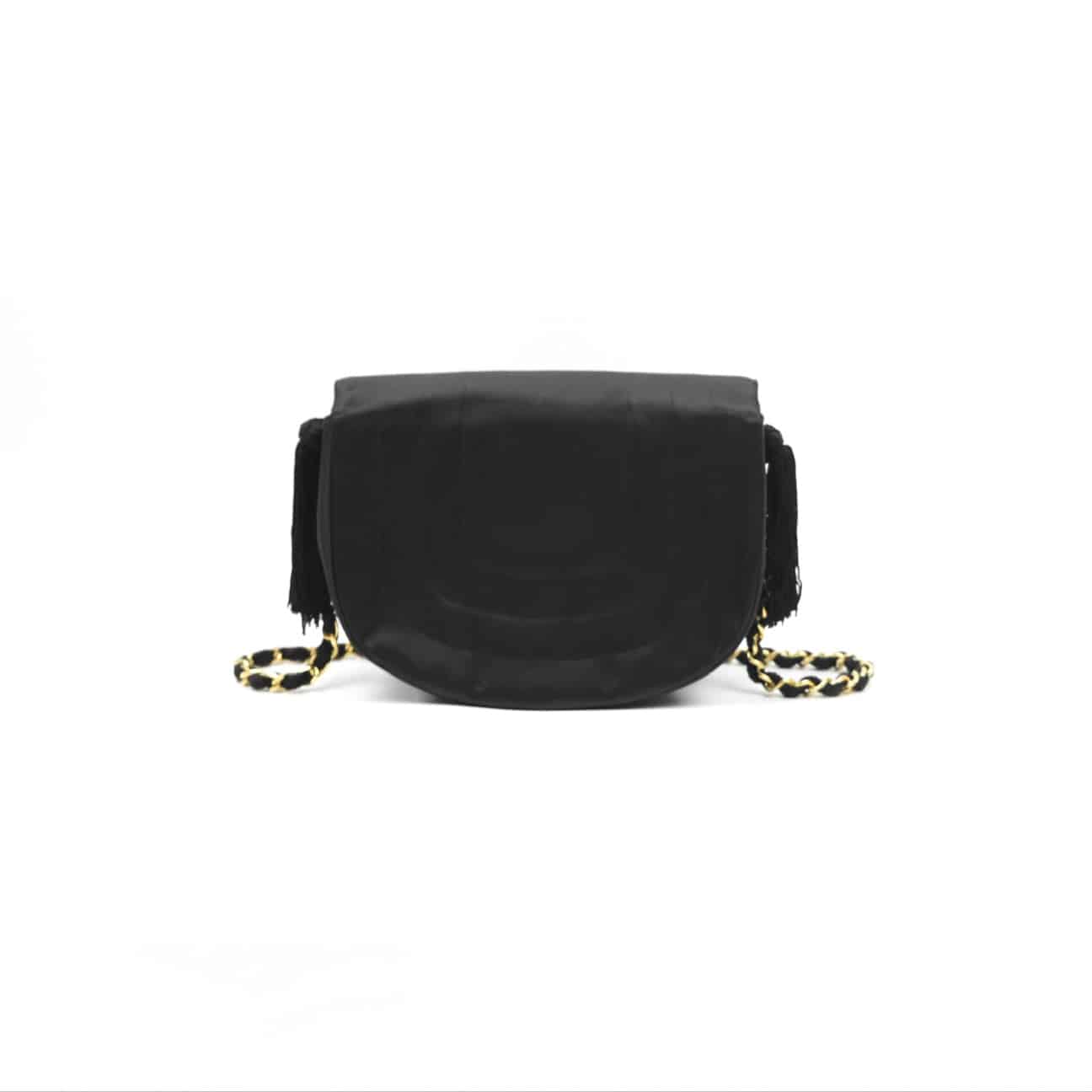 CHANEL Vintage Half Moon Chain Shoulder Bag Satin Black Gold CC 24k. - Image 2