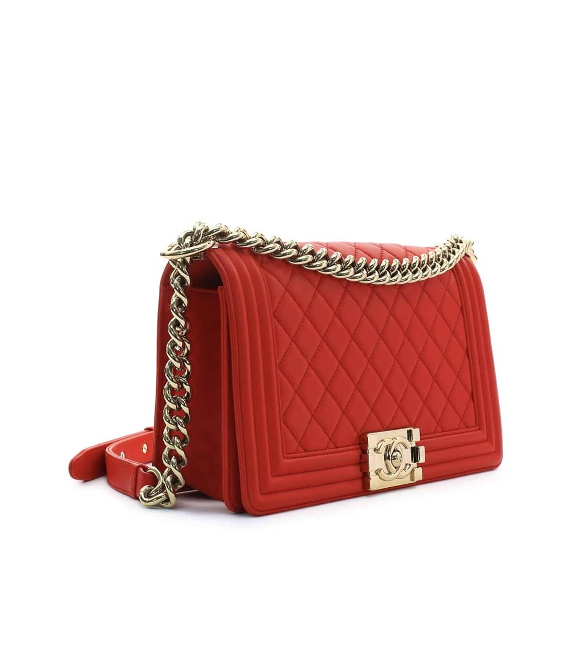 Chanel Tomato Red Lambskin Medium Boy Quilt Flap Light Gold Hardware. - Image 4
