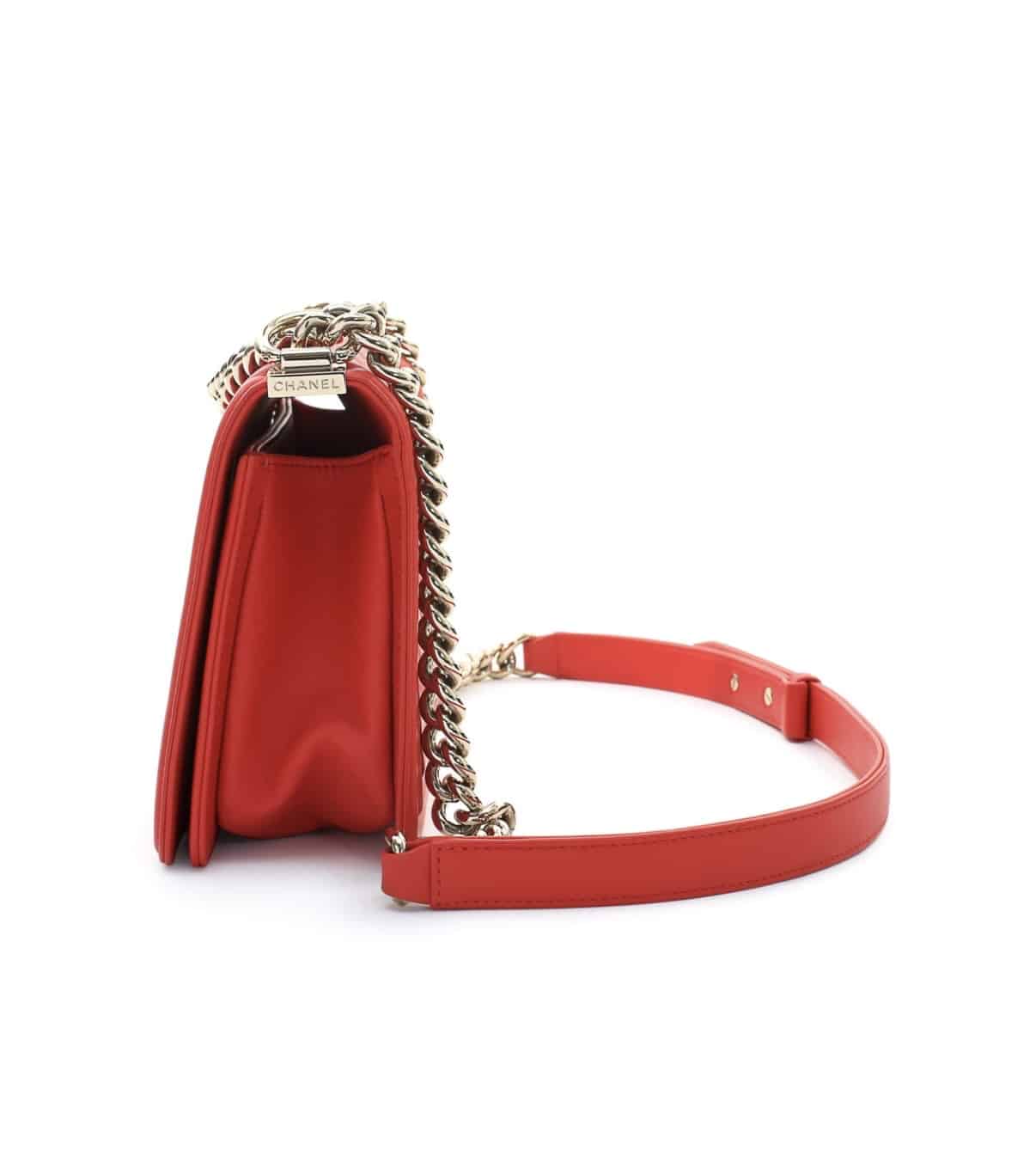 Chanel Tomato Red Lambskin Medium Boy Quilt Flap Light Gold Hardware. - Image 7