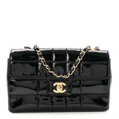 CHANEL Vintage Patent Medium Chocolate Bar Flap in Black