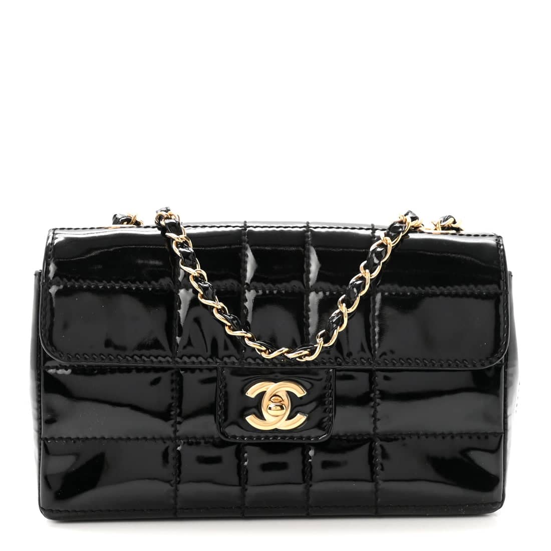 CHANEL Vintage Patent Medium Chocolate Bar Flap in Black