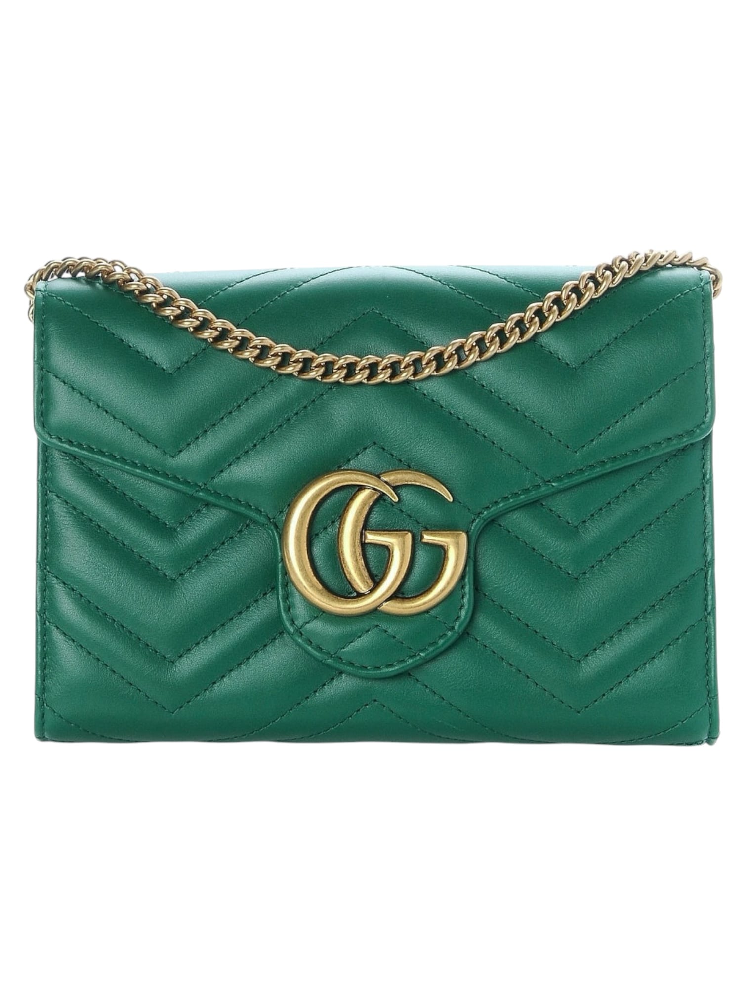 GUCCI Calfskin Matelasse GG Marmont Chain Wallet in Emerald Green. - Image 3